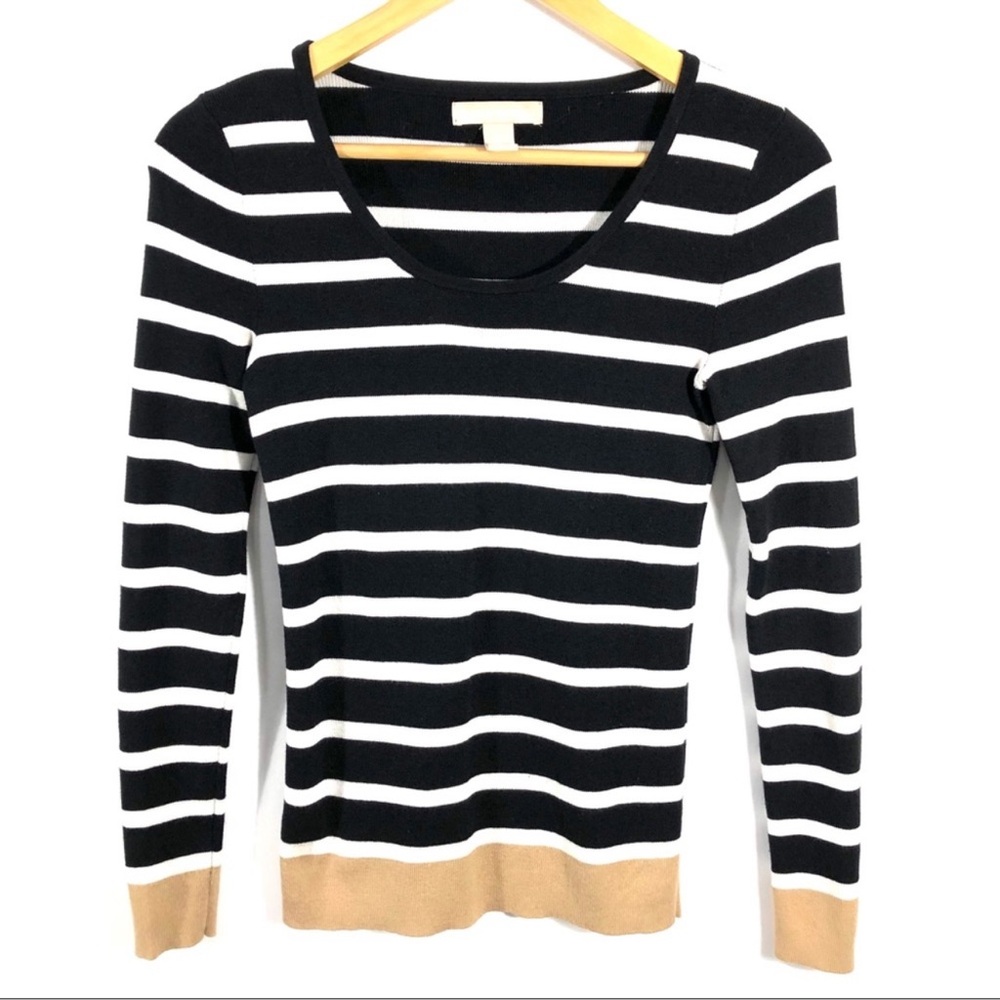 Banana Republic Black and White Striped Sweater with Tan Accents